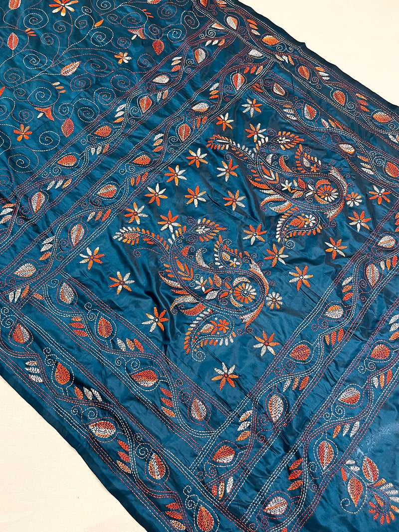 Shantiniketan Hand Embroidery Kantha Stitch Saree - Cyan