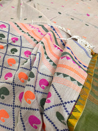 Brownie Points : Handloom Mercerised Cotton Saree With Manipuri Weave- Beige