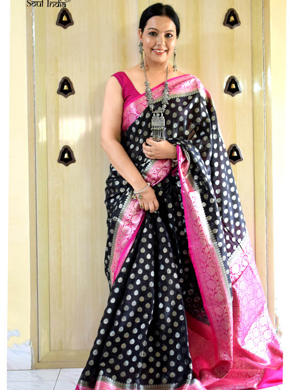 Semi Georgette Benarasi Work Saree- Black & Pink