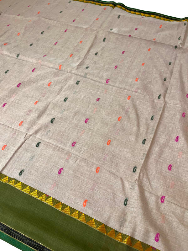 Brownie Points : Handloom Mercerised Cotton Saree With Manipuri Weave- Beige