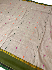 Brownie Points : Handloom Mercerised Cotton Saree With Manipuri Weave- Beige