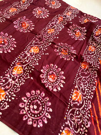 Mulmul Cotton Hand Crack Batik Print Saree - Maroon