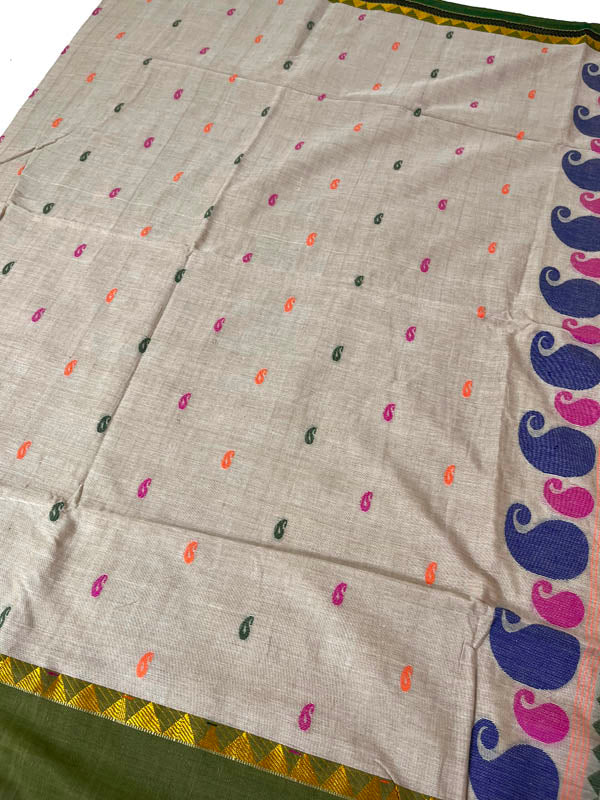 Brownie Points : Handloom Mercerised Cotton Saree With Manipuri Weave- Beige