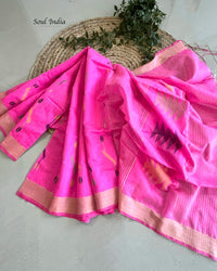 Bengal Silk Cotton With Jamdani Weave - Pink