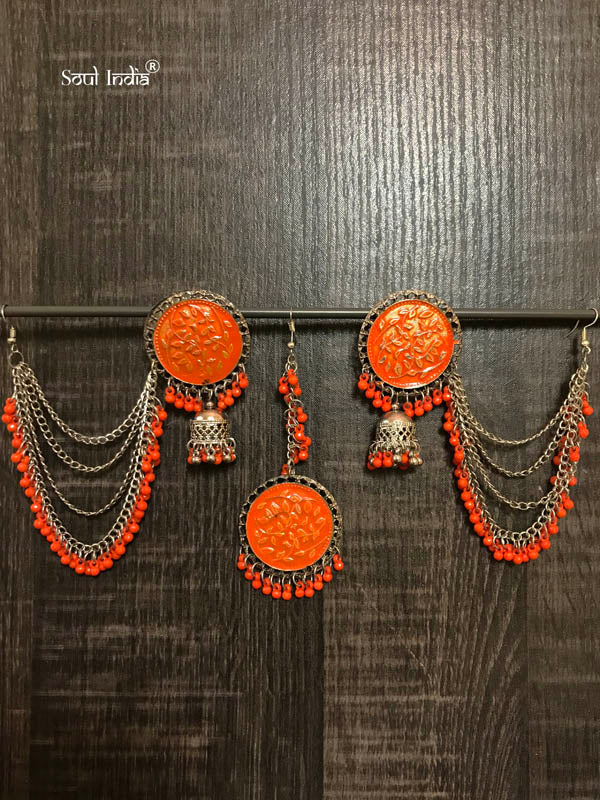 Afghani Metal Earrings With Maangtika - Orange