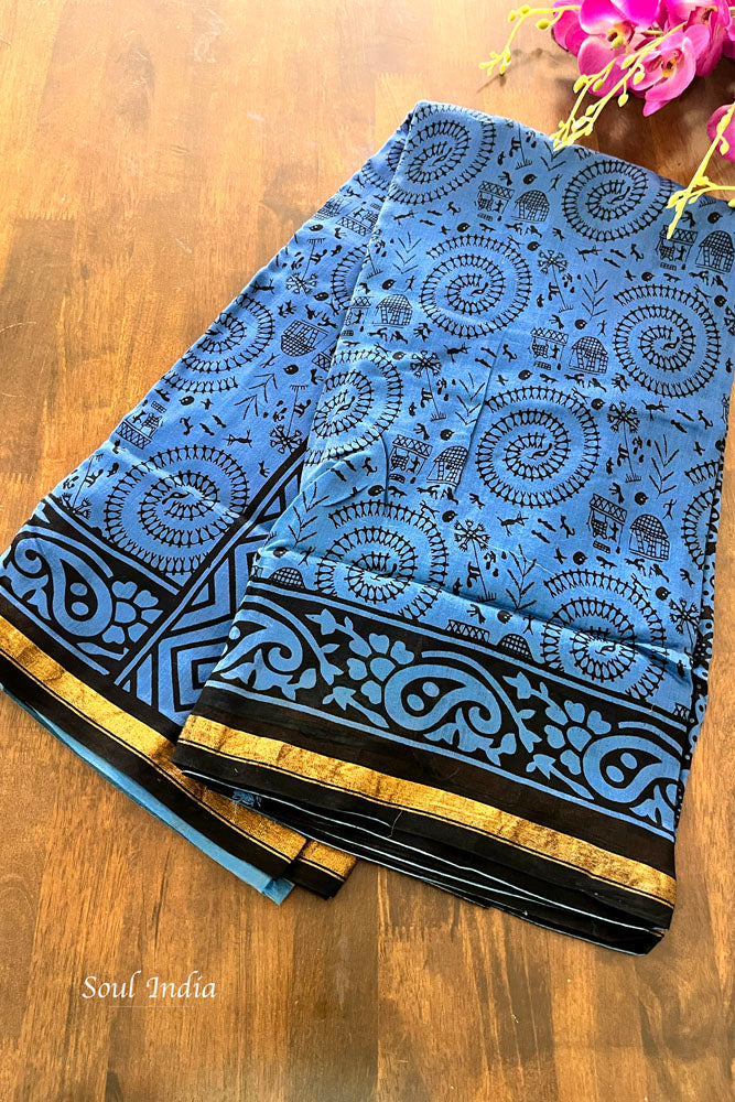 Chanderi Cotton Silk  Warli  Print Saree - Blue