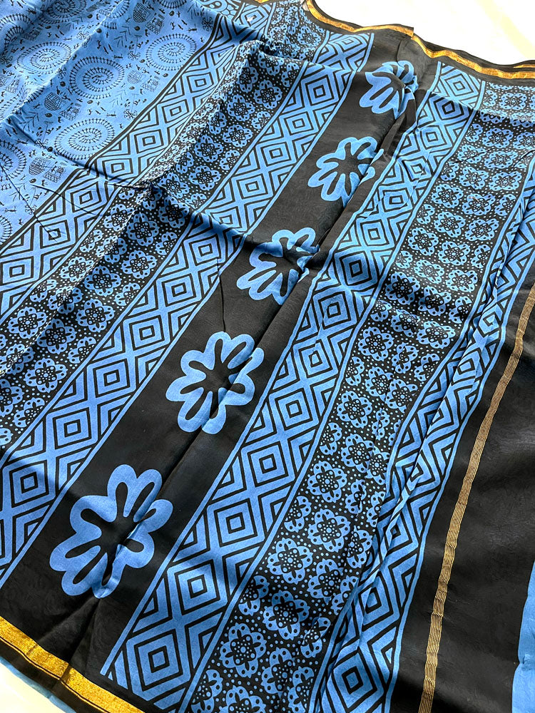 Chanderi Cotton Silk  Warli  Print Saree - Blue