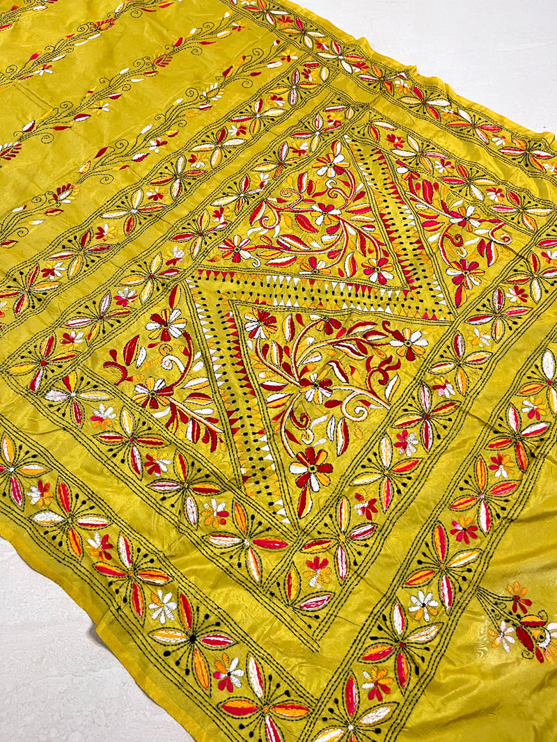 Shantiniketan Hand Embroidery Kantha Stitch Saree - Mustard Yellow