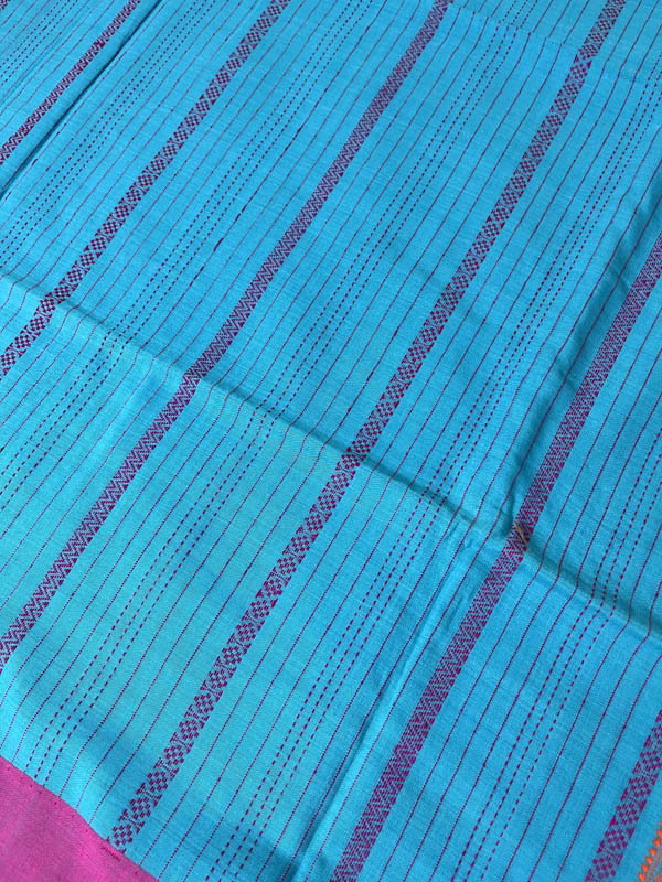 Neel Akash - Handloom Mercerised Cotton Saree With Manipuri Weave -Blue