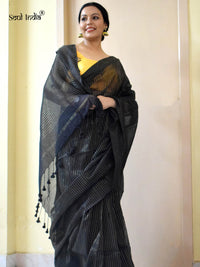 Handloom Mulmul Cotton Saree With Woven Design- Black