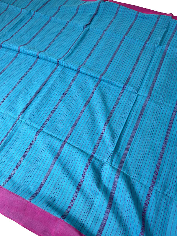 Neel Akash - Handloom Mercerised Cotton Saree With Manipuri Weave -Blue