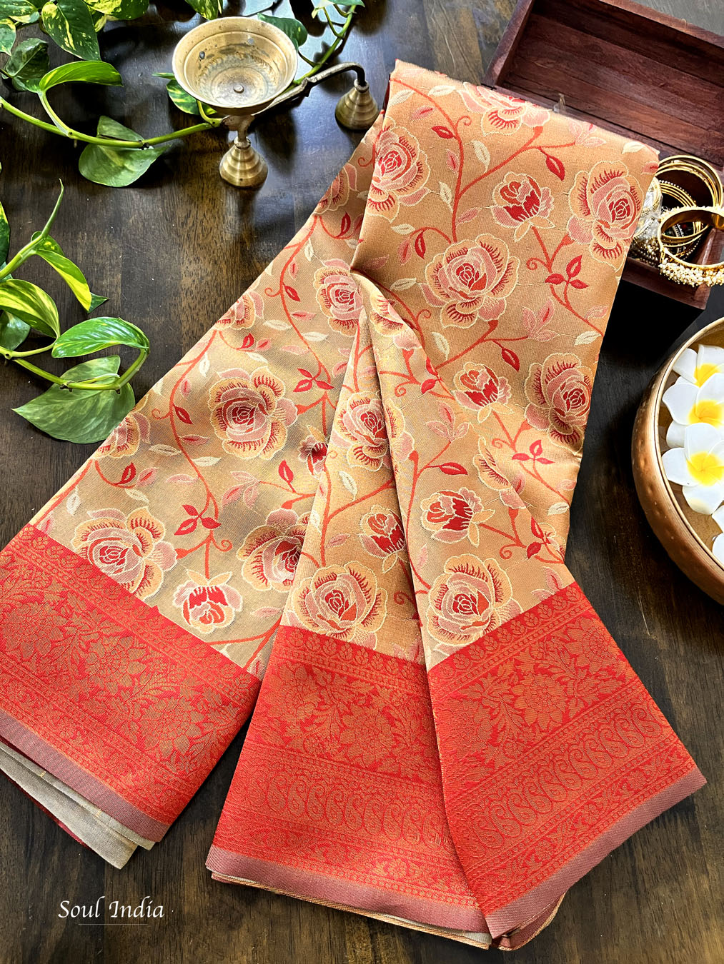 Contemporary Banarasi South Silk With Woven Floral Motifs - Golden