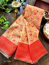 Contemporary Banarasi South Silk With Woven Floral Motifs - Golden