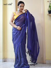 Handloom Mulmul Cotton Saree With Woven Design- Blue