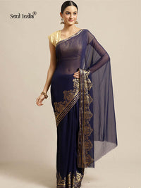 Chiffon Saree With Zari Work Border - Midnight Blue