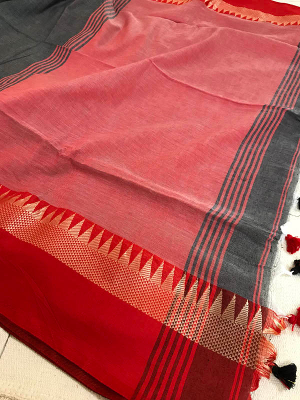 Handloom Khadi Cotton Saree With Woven Border- Grey