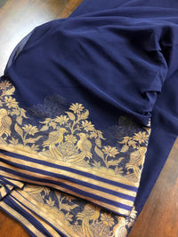 Chiffon Saree With Zari Work Border - Midnight Blue