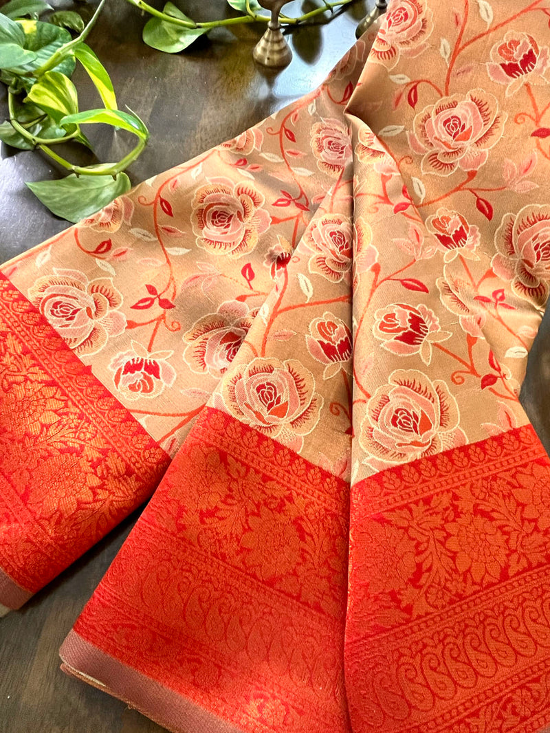 Contemporary Banarasi South Silk With Woven Floral Motifs - Golden