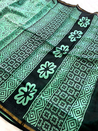 Chanderi Cotton Silk  Warli  Print Saree - Cyan