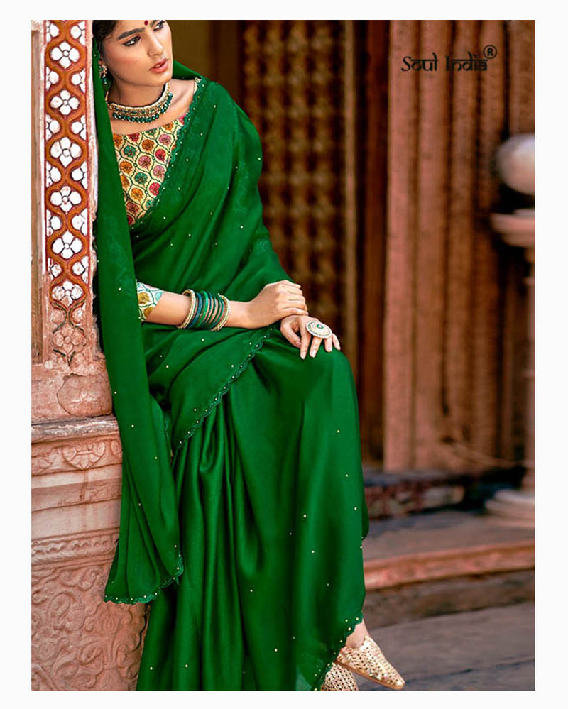 Chiffon Crystal Embellished Saree With Lace - Green