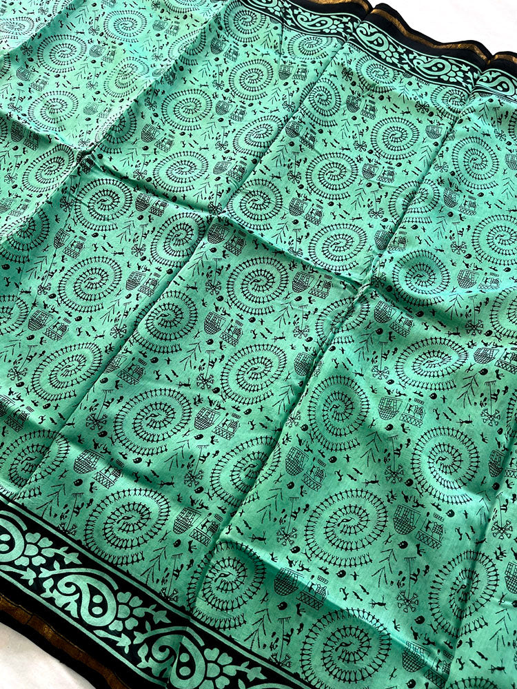 Chanderi Cotton Silk  Warli  Print Saree - Cyan