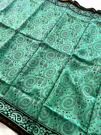 Chanderi Cotton Silk  Warli  Print Saree - Cyan