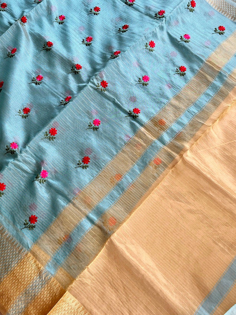 Tissue Silk  Saree With All over Woven Floral Design - Blue