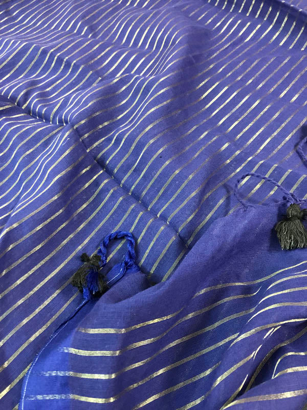 Handloom Mulmul Cotton Saree With Woven Design- Blue