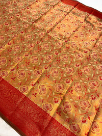 Contemporary Banarasi South Silk With Woven Floral Motifs - Golden