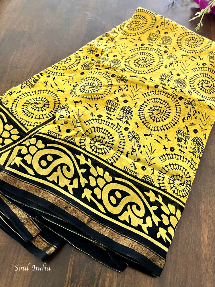 Chanderi Cotton Silk  Warli  Print Saree - Lemon Yellow