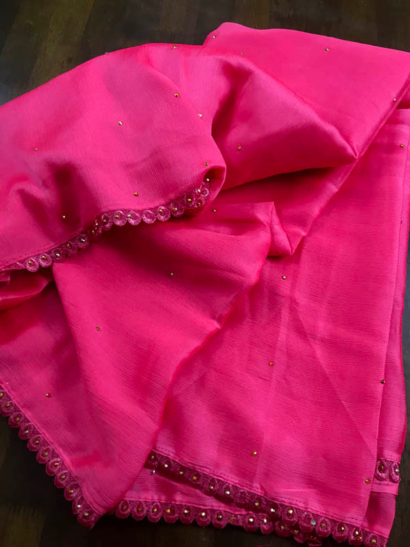 Chiffon Crystal Embellished Saree With Lace - Pink