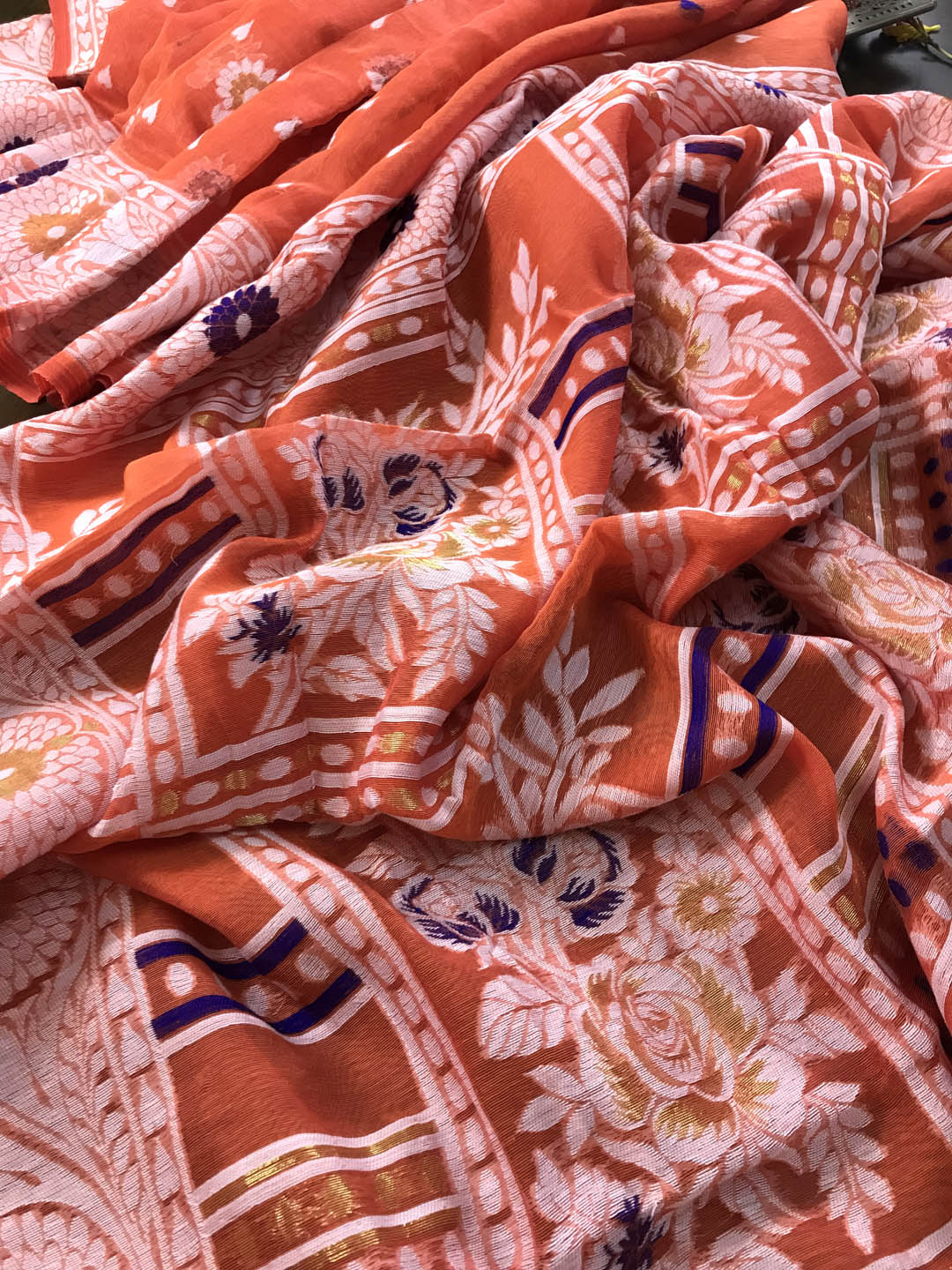 Jamdani Saree with all over Floral work-  Orange