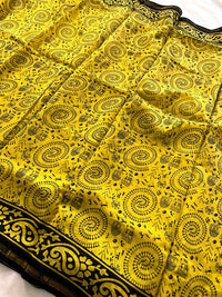 Chanderi Cotton Silk  Warli  Print Saree - Lemon Yellow