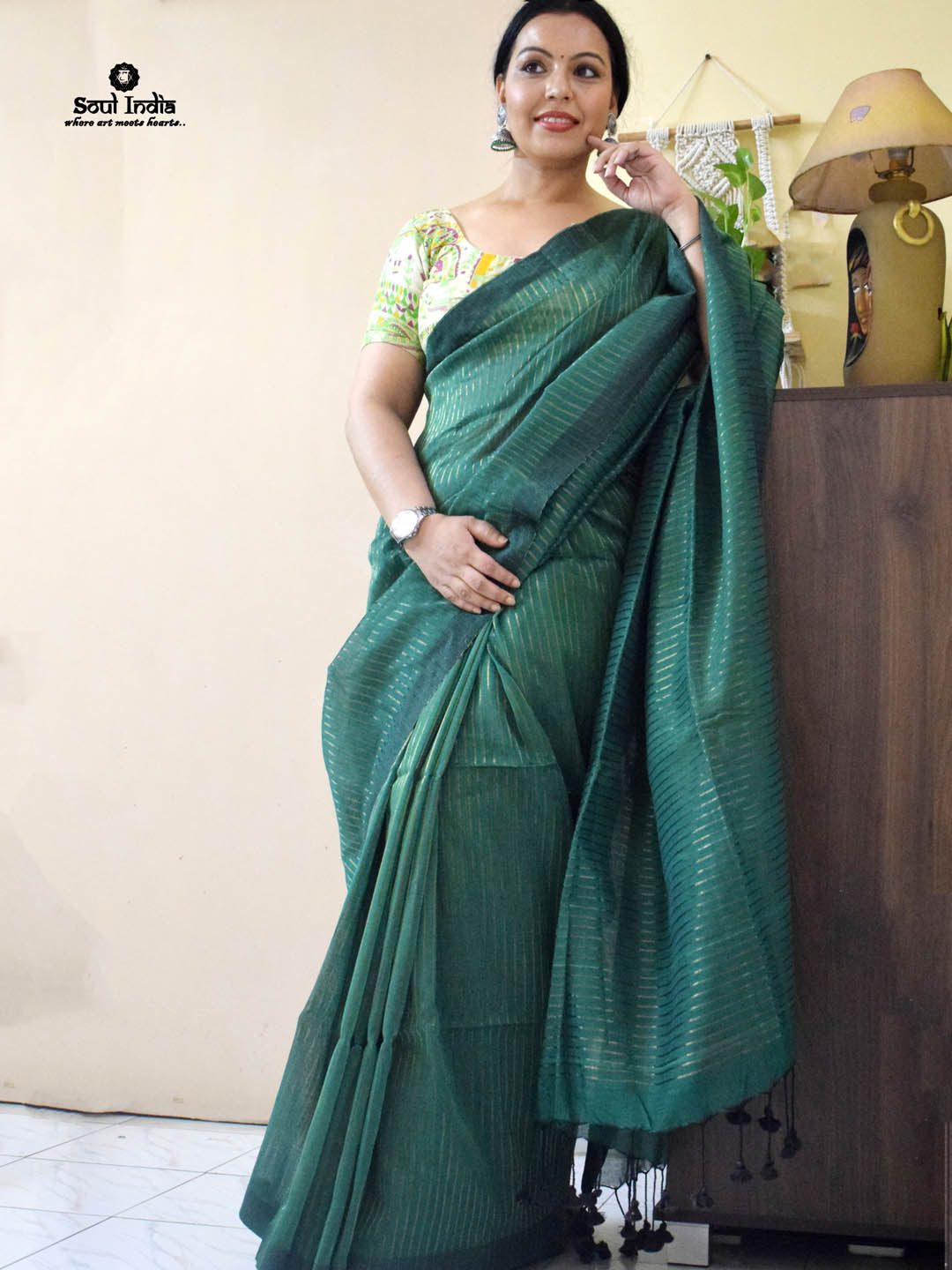 Handloom Mulmul Cotton Saree With Woven Design- Green