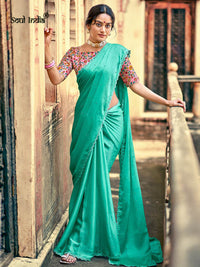 Chiffon Crystal Embellished Saree With Lace - Cyan