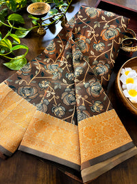 Contemporary Banarasi South Silk With Woven Floral Motifs  - Chocolate