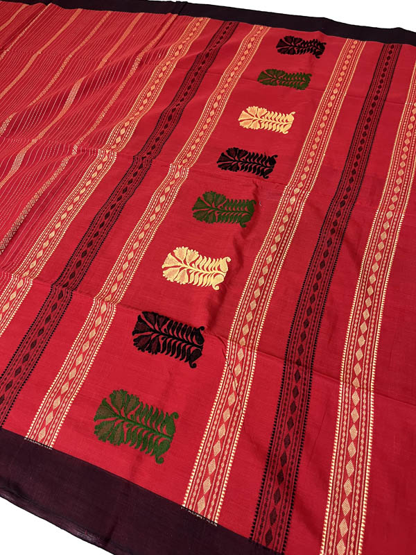 Cardinals  : Handloom Mercerised Cotton Saree With Manipuri Weave- Red