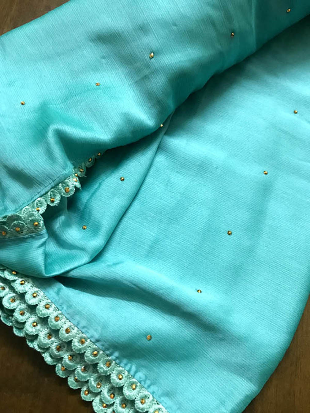 Chiffon Crystal Embellished Saree With Lace - Cyan