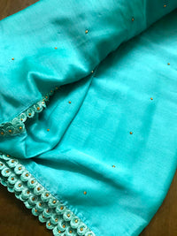 Chiffon Crystal Embellished Saree With Lace - Cyan