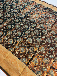 Contemporary Banarasi South Silk With Woven Floral Motifs  - Chocolate