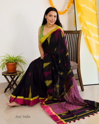 Handloom Khadi Cotton Saree With Woven Design - Black