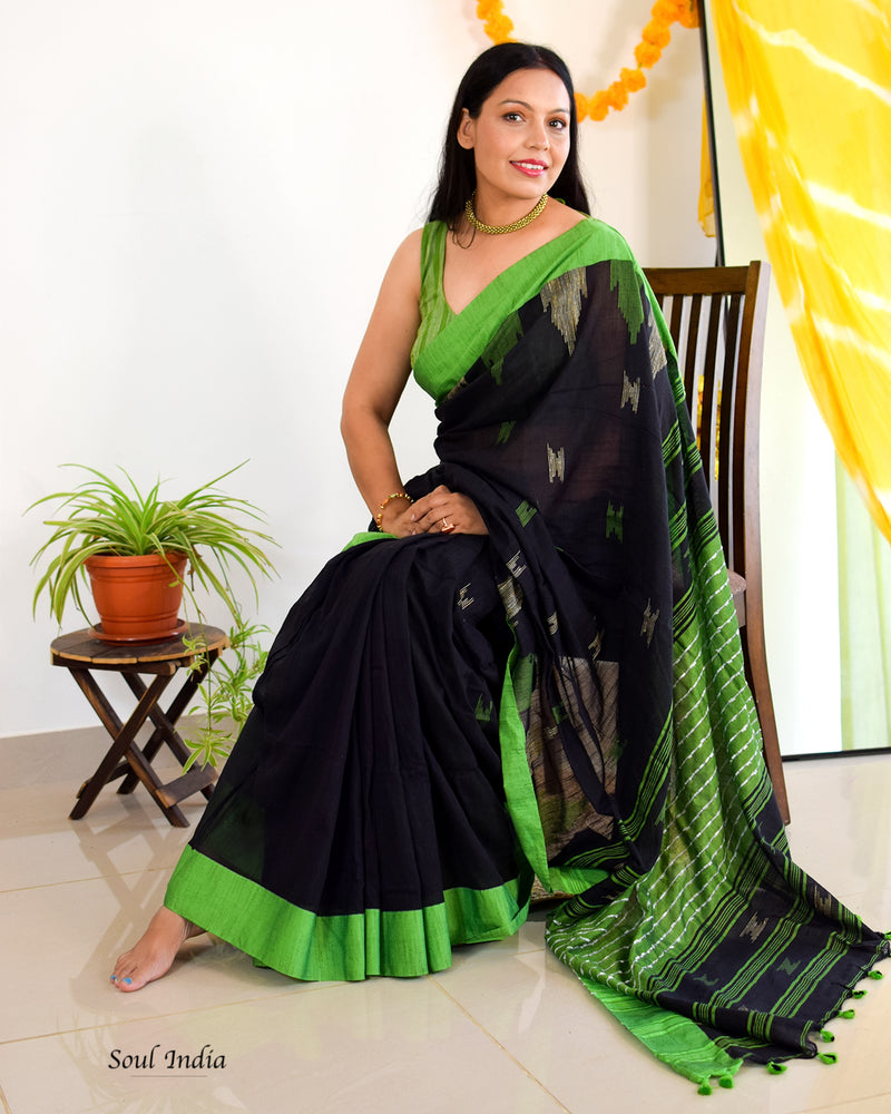 Handloom Khadi Cotton Saree With Woven Design - Black